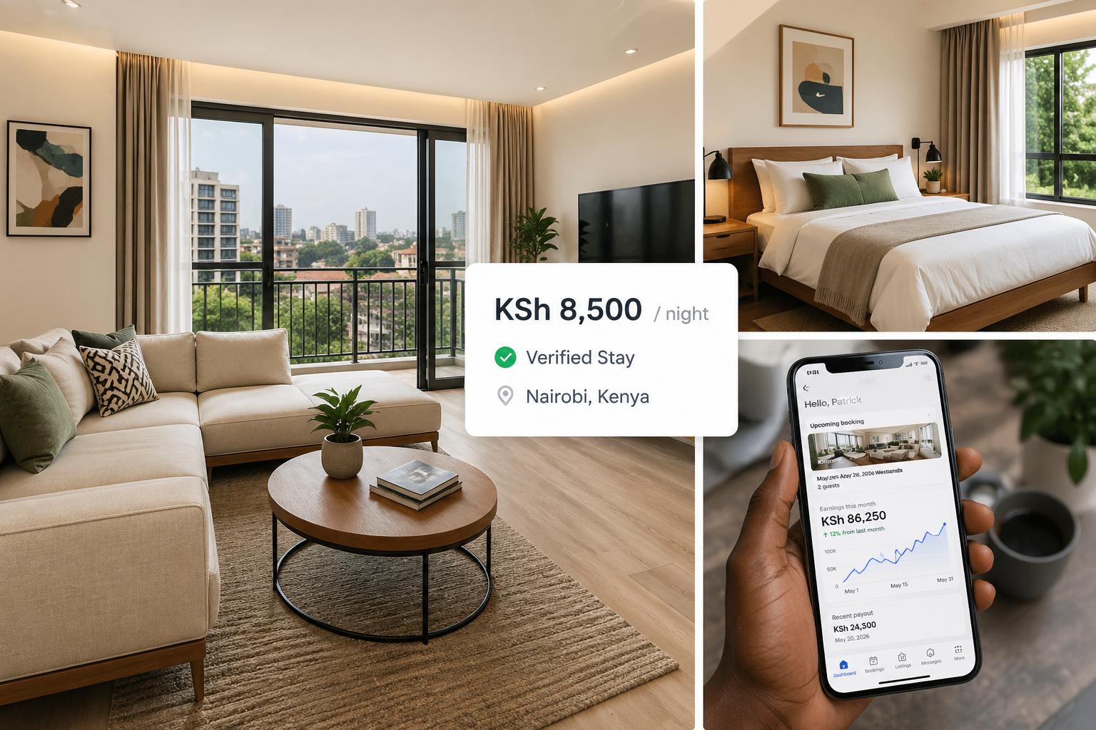 Rentyme host dashboard showing Kenyan short-stay rental apartment with flexible payouts and verified stay pricing